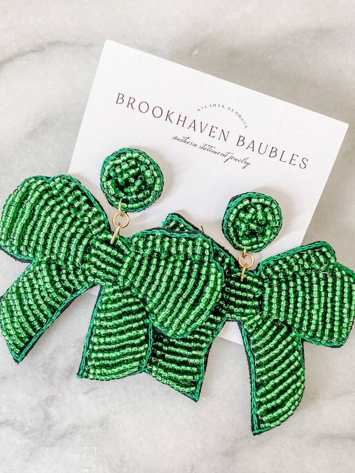 Green Christmas Bow Beaded Statement Earrings for wholesale by Brookhaven Baubles
