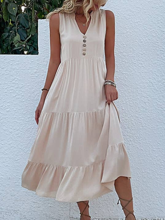 Solid Color V-Neck Buttoned Sleeveless Tiered Maxi Dress for wholesale by FULL TIME PURCHASE