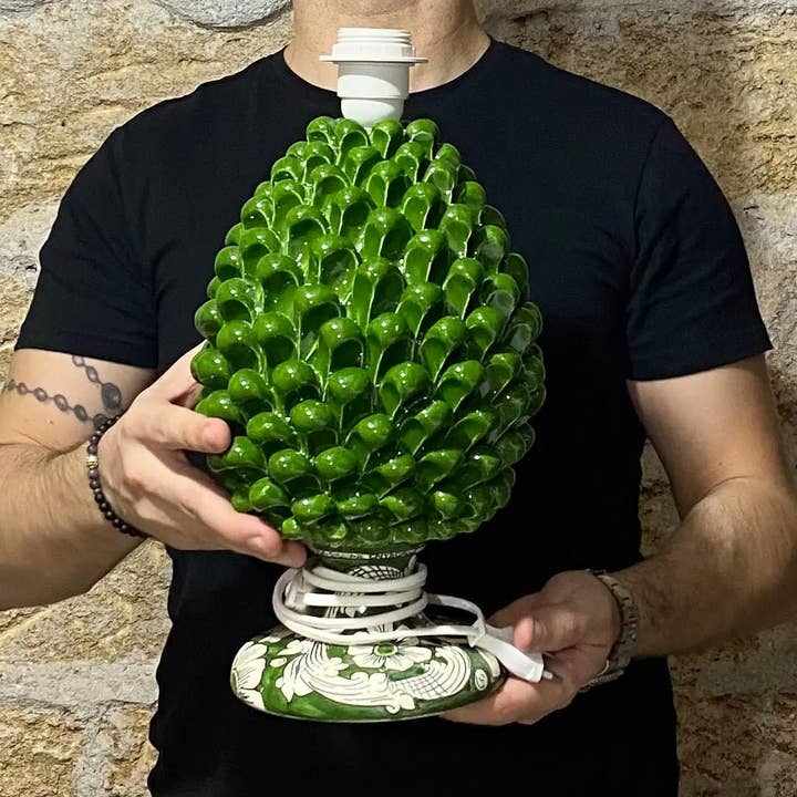 DD Ceramiche Siciliane - Wholesale Accent/Desk Lamp - Caltagirone Ceramic Pine Cone Lamp cm H.30 Handcrafted Olive Green Decorated Base6