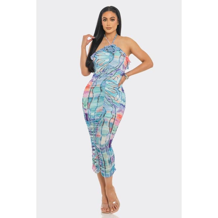 Black Pearl Clothing - Wholesale Dress - Women's - Summer Bloom Ruched Midi Halter Dress