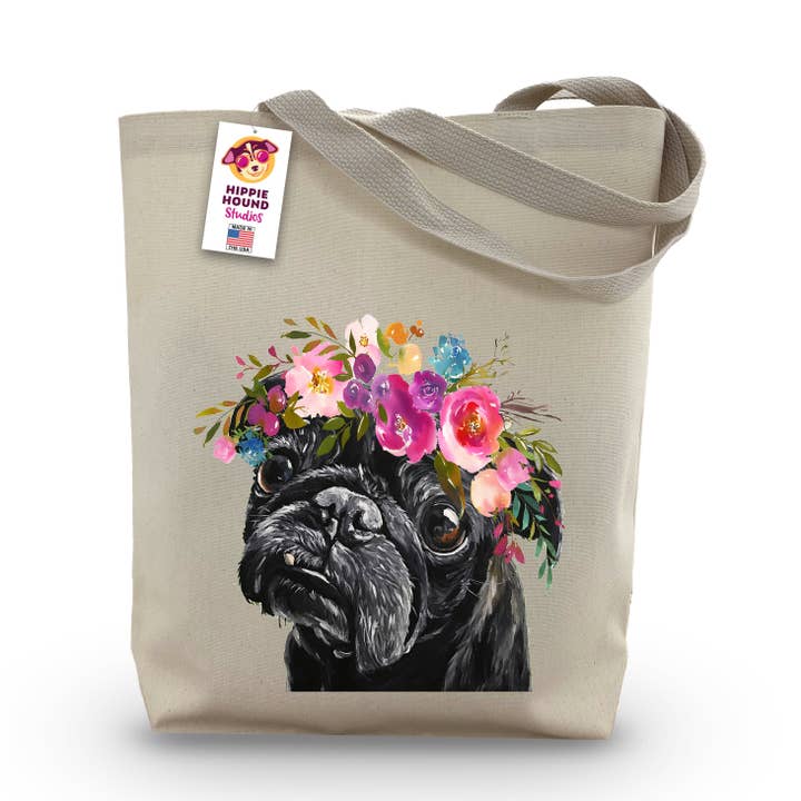 Pug Tote Bag, Flower Crown Tote, Dog Tote Bag for wholesale by Hippie Hound Studios