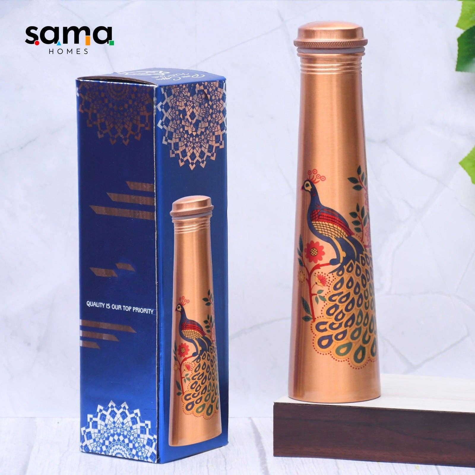 Pure Copper Water Bottle Unique Peacock Printed Designed Capacity 1000ML for wholesale on Faire1