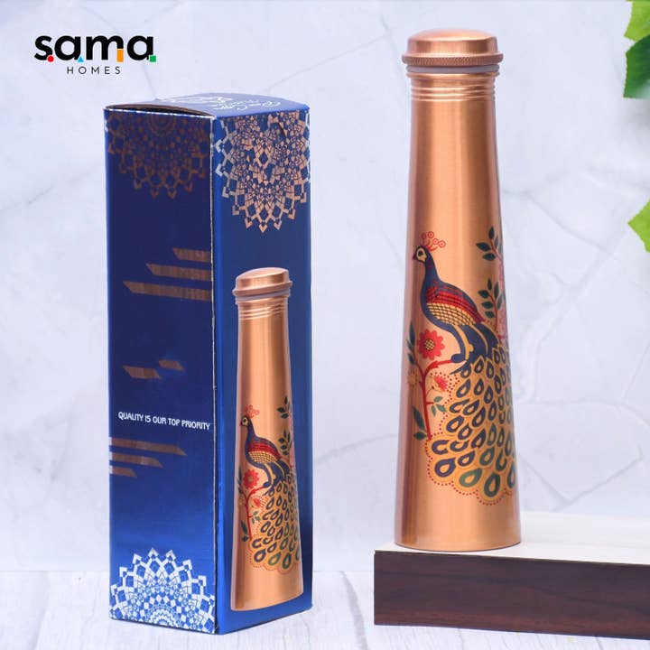 Pure Copper Water Bottle Unique Peacock Printed Designed Capacity 1000ML for wholesale on Faire1