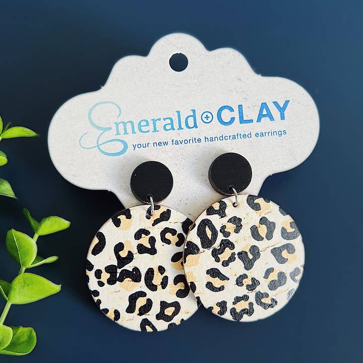 White Cheetah Cork Circle Dangle Earrings with Wood Post for wholesale by Emerald and Clay