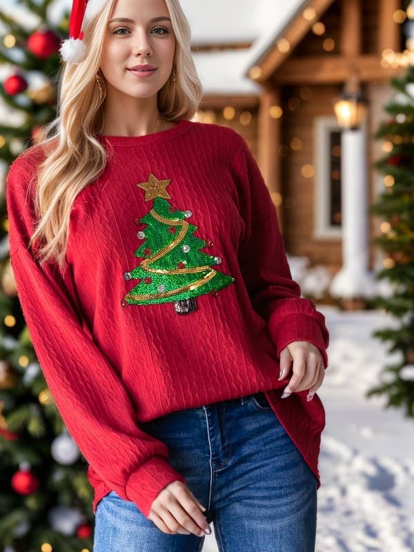 EINFARBIGES TOP MIT PUFFÄRMELN UND WEIHNACHTSBAUM-PATCH für den Großhandel von Pink Irene Wholesale