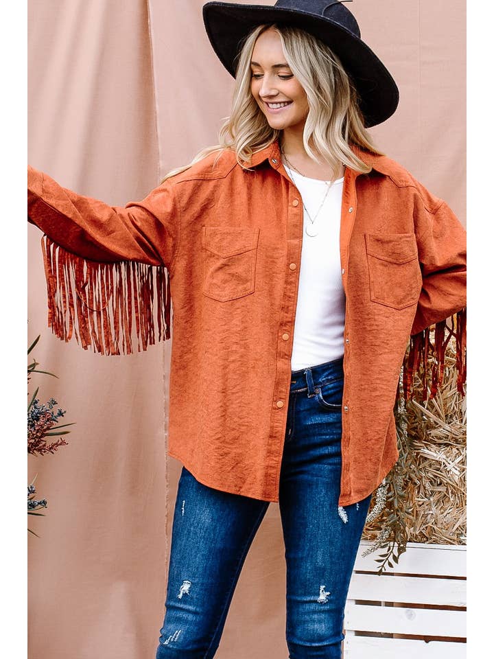 AND THE WHY - Venta al por mayor Sobrecamisa - Mujer - ATW14374P - Chaqueta abotonada con detalle de flecos en la espalda