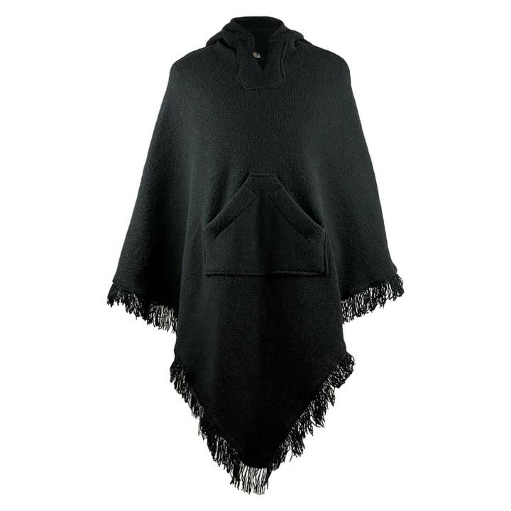 ECUALAMA – wholesale Poncho – Unisex – Surfers Poncho with hood and pocket llama wool - BLACK