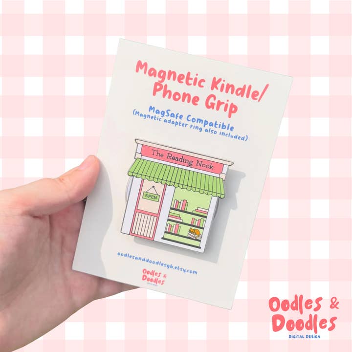 Reading Nook Magnetic Phone/Kindle Grip: Bookshop Enamel for wholesale by Oodles & Doodles