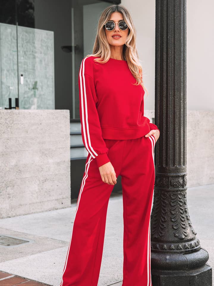 Varsity Stripe Crewneck Pullover and Sweatpants Set for wholesale by LALA LOO