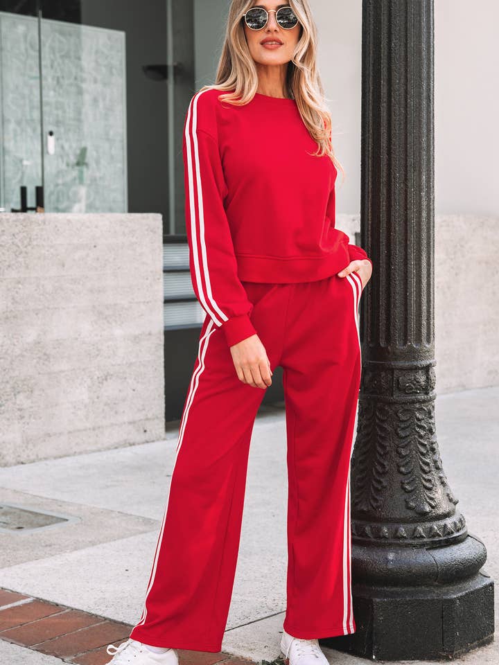 Varsity Streep Crewneck Trui en Joggingbroek Set voor wholesale door LALA LOO