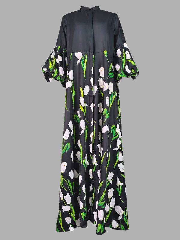 NOIR Manteaux Trench à Manches Longues Amples Imprimés Floraux Plissés à Fente et Col Montant en vente sur Faire3