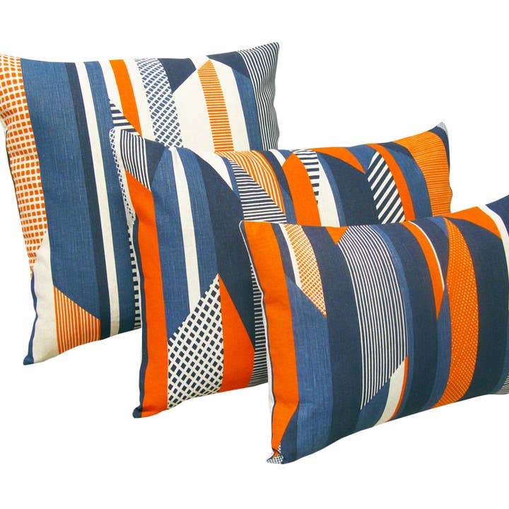 Tamasyn Gambell - Vente Housse de coussin - Coussin à rayures texturées bleu, marine, orange