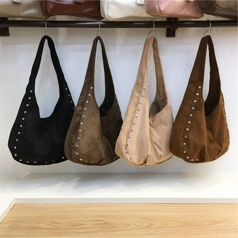FurDecoration - Wholesale Shoulder Bag - Women's - Solid Color Studded Suede Shoulder Bag3