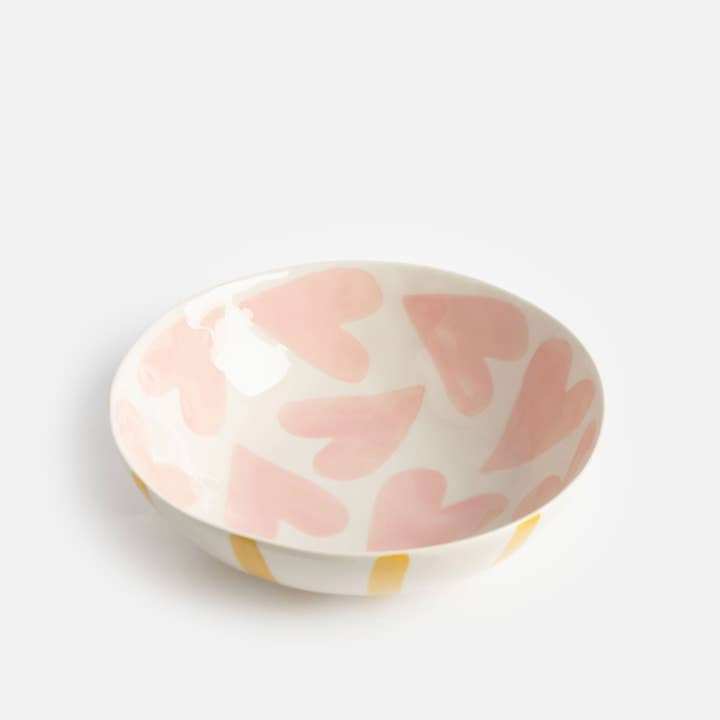 Caroline Gardner – wholesale Decorative plate/dish/bowl – Pink Hearts/Mustard Round Shallow Bowl