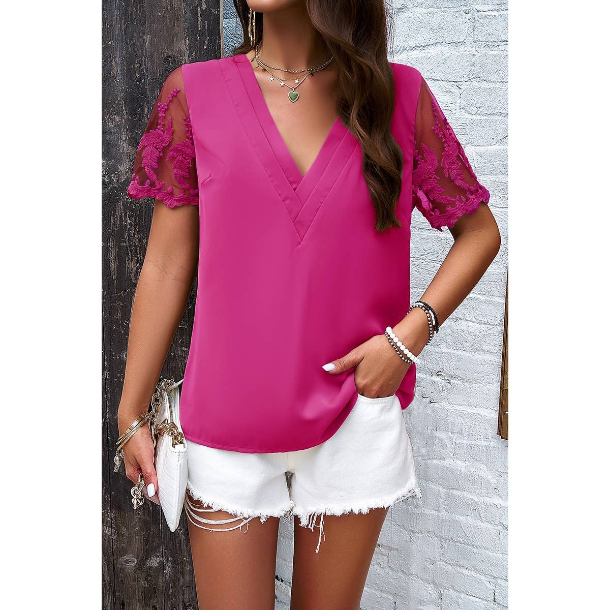 Elings - Wholesale Blouse - Women's - Solid Muslin Lace Sleeves V Neck Loose Blouse3