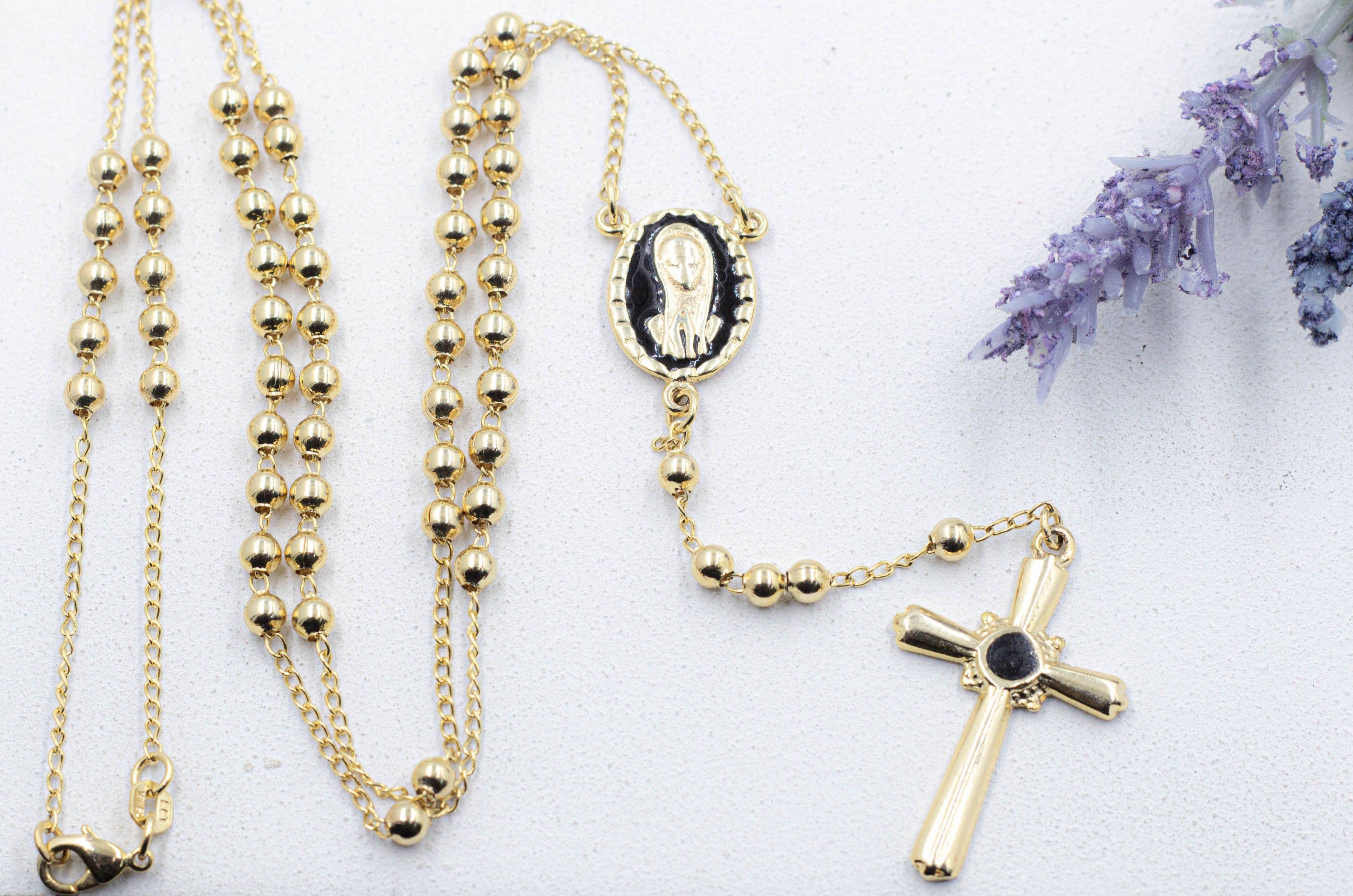Cherie by Cherie - Wholesale Prayer Beads Necklace - Catholic Gold Pearl Rosary with Black Details2