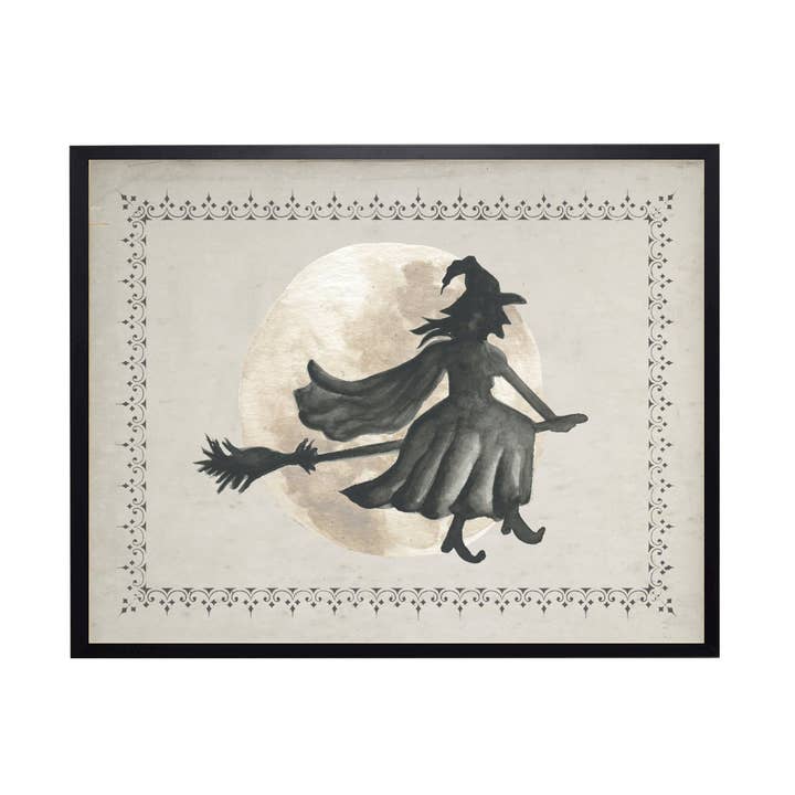 Sorcière aquarellée volant à travers la lune pour la vente par Antique Curiosities Inc
