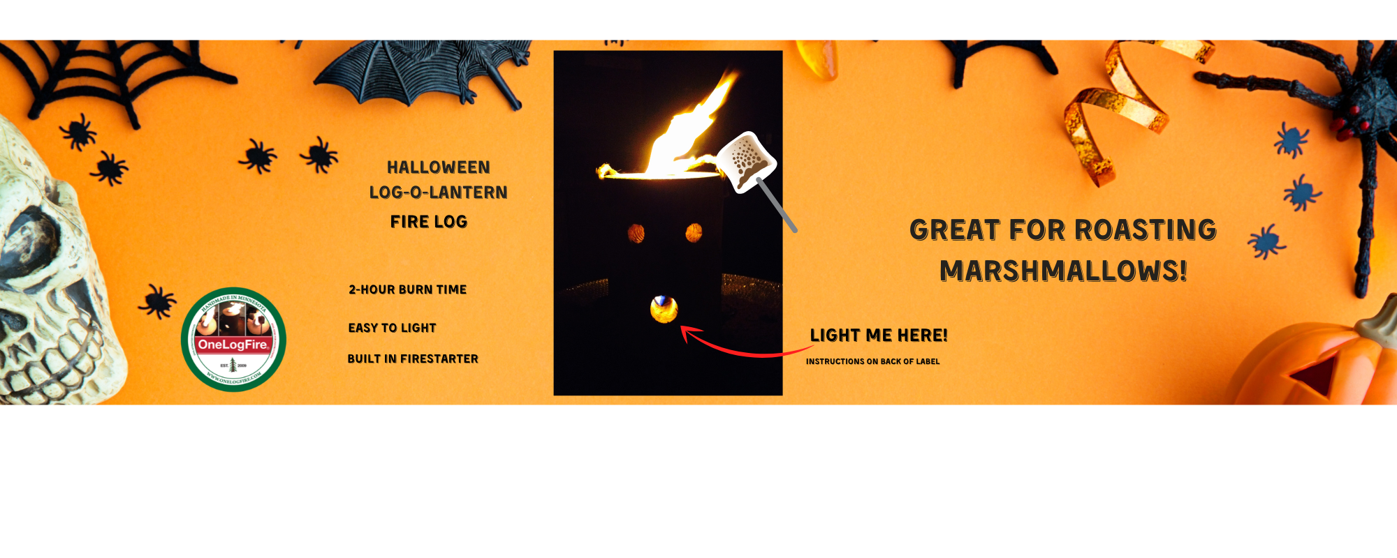 OneLogFire - Vendita all'ingrosso Candela per esterni - HALLOWEEN LOG-O-LANTERN OneLogFire - confezione da 6 tronchi, durata 2 ore1