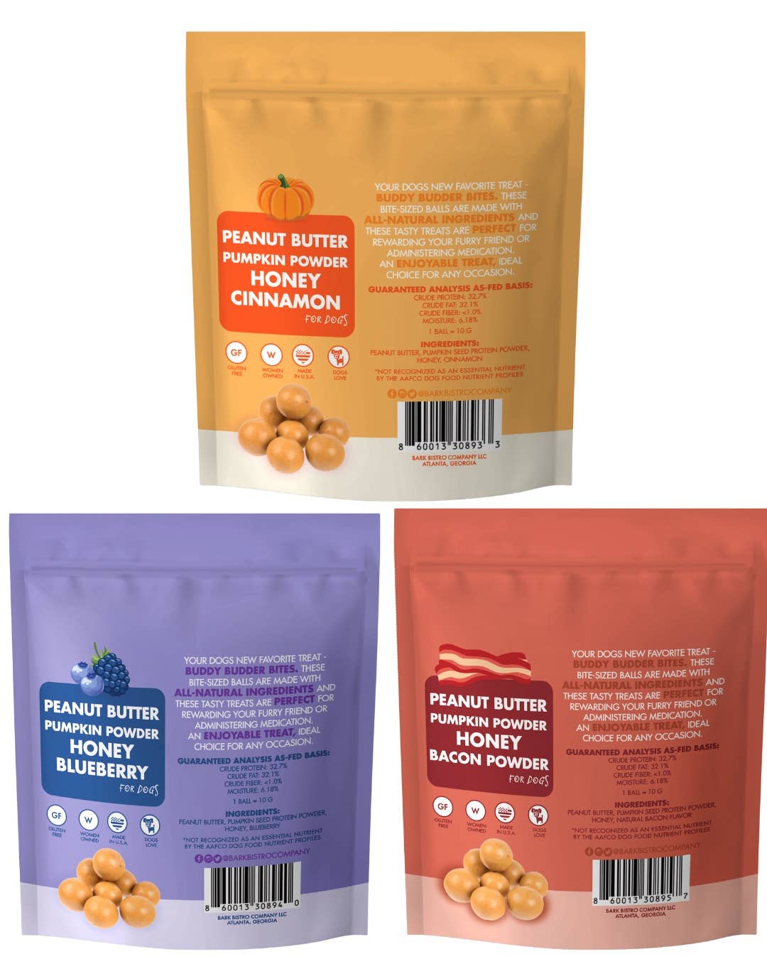 Bark Bistro – snacks e guloseimas - Cão por atacado – Trio BUDDY BUDDER Bites (4 de cada referência / 12 embalagens)1