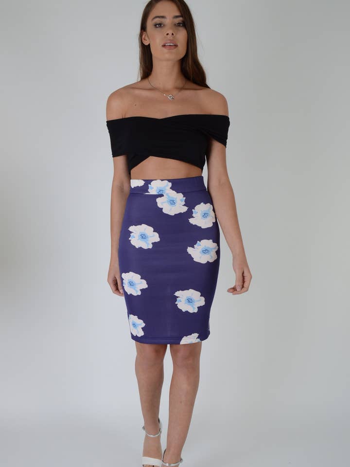 Lovemystyle Purple Bodycon Midi Skirt With Floral Print for wholesale by LoveMyStyle