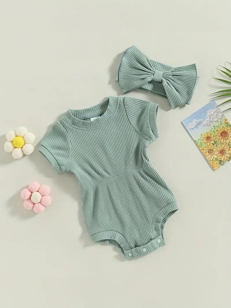 Lucky Avocado - Venta al por mayor Conjunto de ropa - Bebés - Moderno conjunto de mono de verano con diadema con lazo2