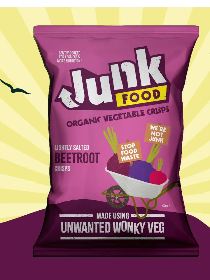Junk Organic Beetroot Crisps Lightly Salted 100g x 12 for wholesale by Junk Crisps