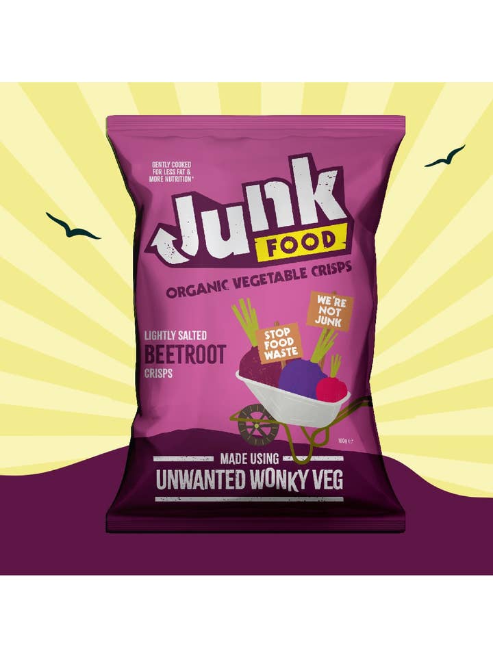 Junk Organic Beetroot Crisps Lightly Salted 100g x 12 for wholesale by Junk Crisps