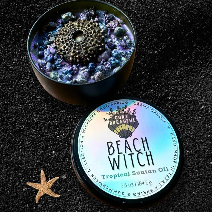 BEACH WITCH Luxury Wickless Candle 6.5 oz: Nostalgic Tropic Suntan Oil Scent for wholesale by Gory Dreadful Candle Co