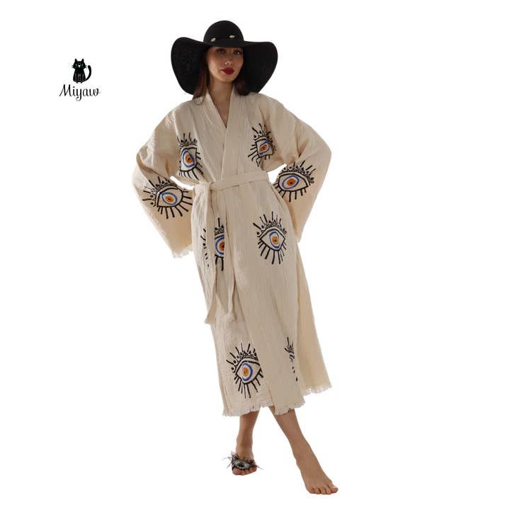 Handmade Beige Evil Eye Kimono Robe – Cotton Boho Wear for wholesale on Faire6