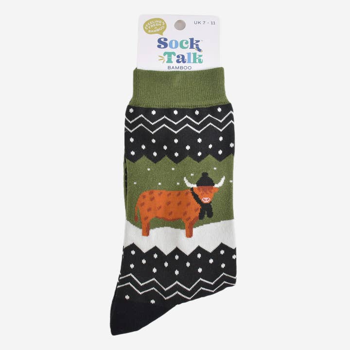 Sock Talk - Wholesale Socks - Men's - Men's Bamboo Socks - Green/Black, Winter Highland Cow4