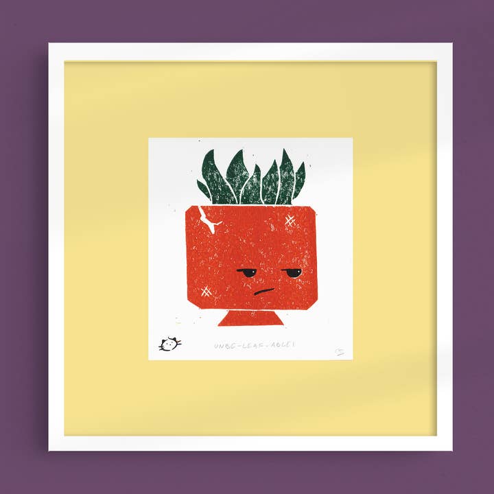 Unbe-Leaf-Able - Plant Pot Lino Print for wholesale by Stamped Cat