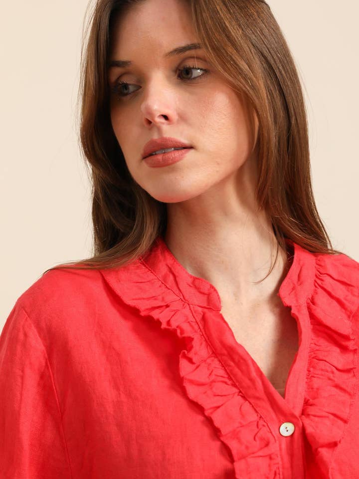 NAÏS PARIS - Wholesale Button Down Shirt - Women's - BUTTON-DOWN COLLAR SHIRT WITH RUFFLE DETAILS 100% LINEN