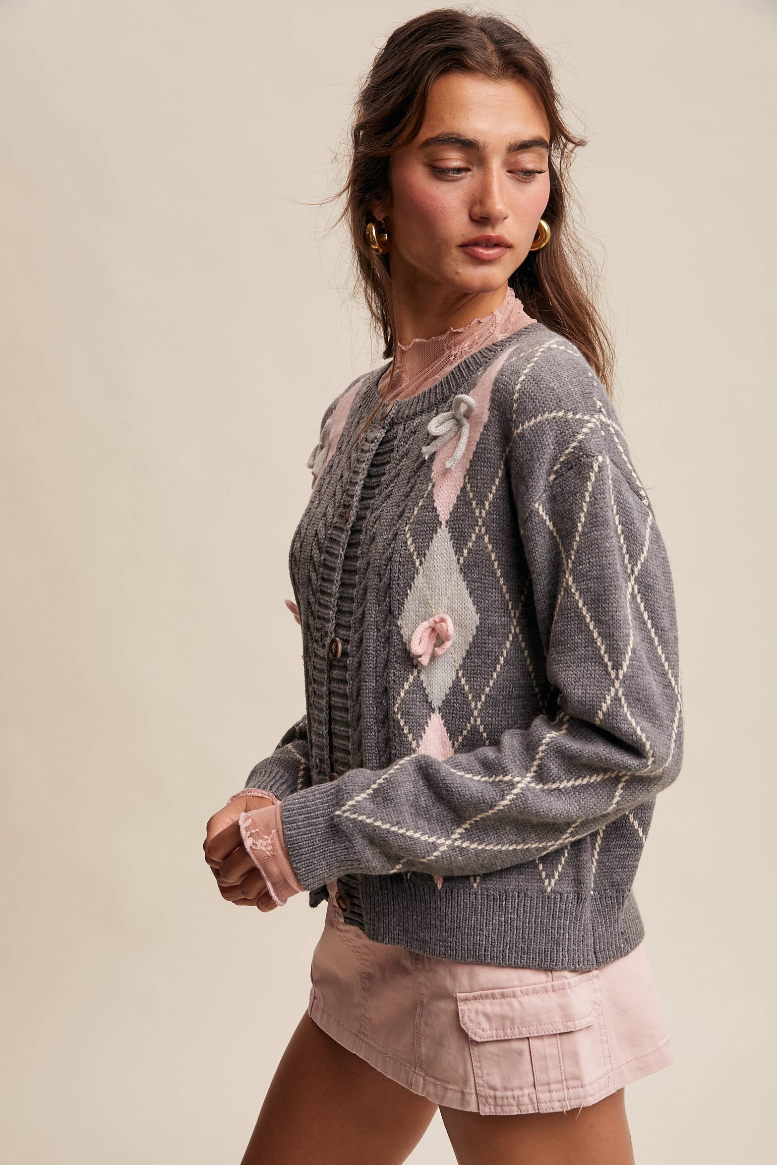 Listicle - Venta al por mayor Cárdigan - Mujer - Cárdigan de Punto con Detalle de Lazo Argyle LSW09732