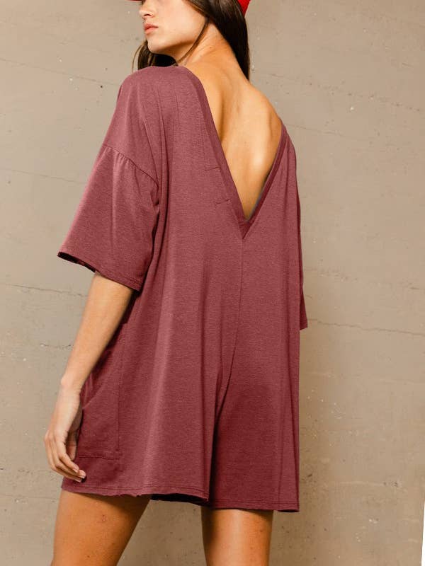 BUCKETLIST - Wholesale Romper - Women's - R5388 Crew Neckline V-back Oversized Solid Romper12