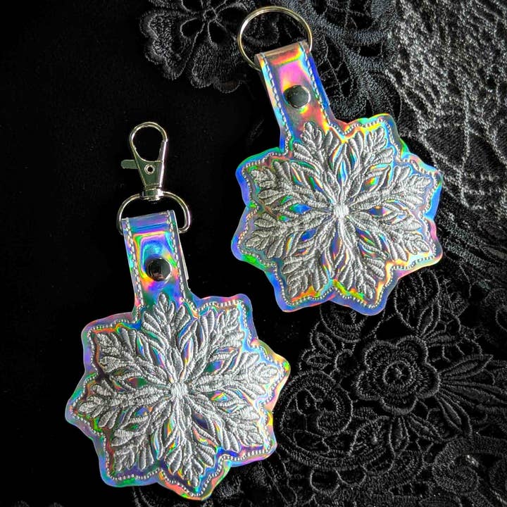 Silver Holo Snowflake Embroidered Keychain - Holographic Vinyl with Silver Hardware for wholesale by Project Pinup
