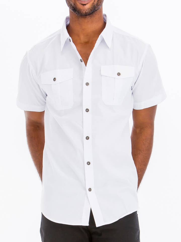 Dual Chest Pocket Short Sleeve Button Down Shirt for wholesale by WEIV