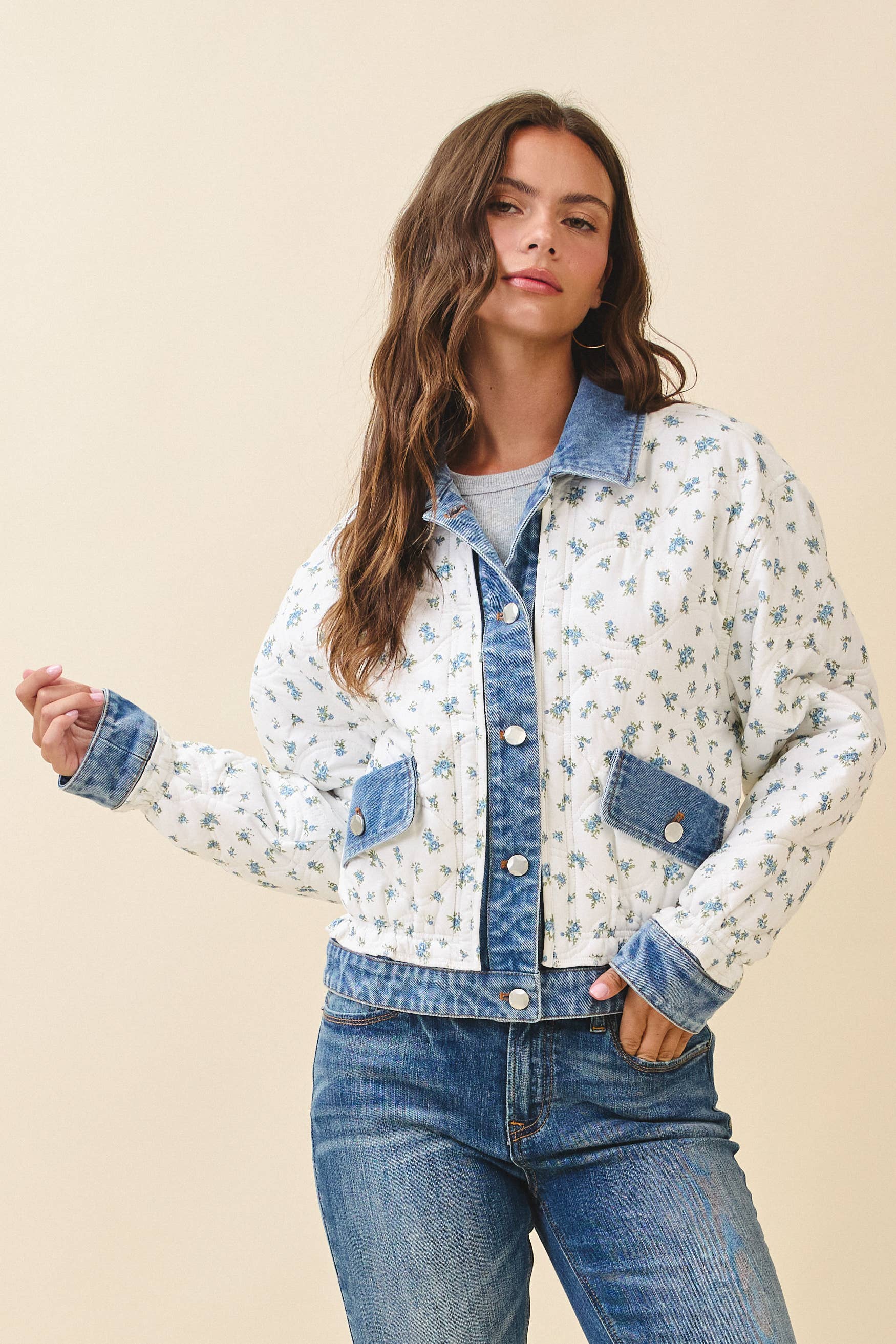 5166GK Floral Quilted Denim Trim Jacket for wholesale on Faire14