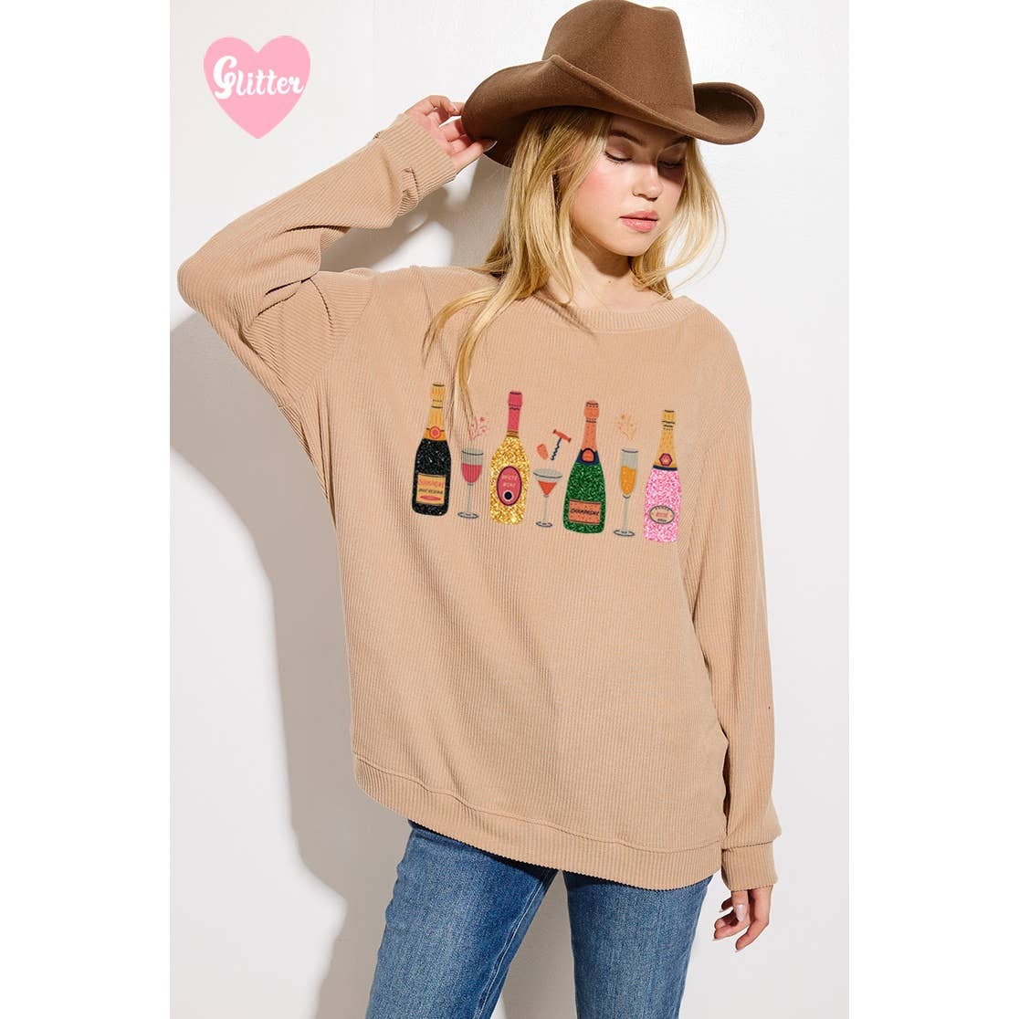 Phil Love - Wholesale Graphic Sweatshirt - Women's - Champagne bottle glitter Ribbed Long Sleeve Top0