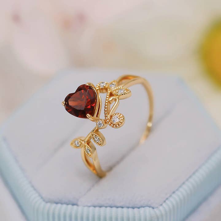 S925 Silver Plated 14K Gold Red Garnet Heart-Shaped Ring for wholesale by Gioiellin - S925 Silver Jewelry