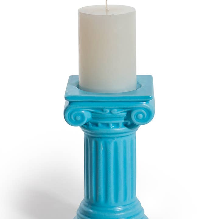 Matt Light Blue Small Ionic Column Ceramic Candle Holder for wholesale by McGowan & Rutherford Ltd