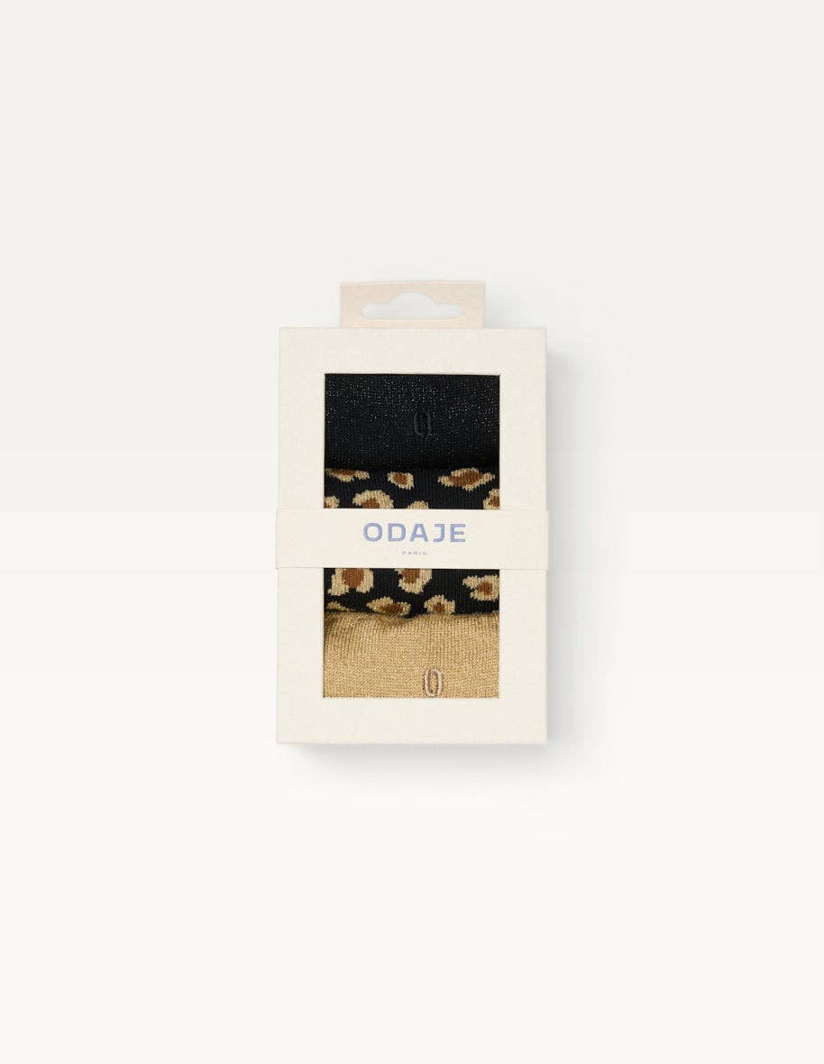ODAJE - Vente Chaussettes – femme - Pack de 3 Chaussettes - Fantaisie paillettes et léopard noir doré2