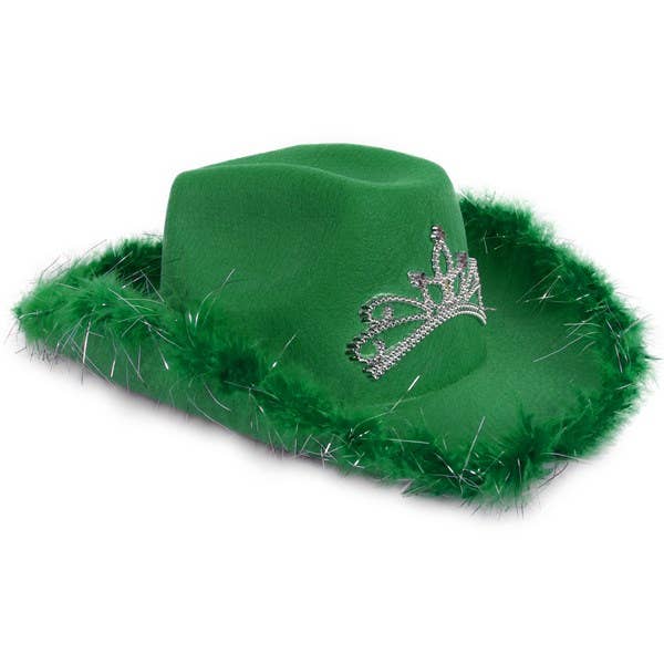 LED Green Cowboy Hat with Tiara & Feather Trim for wholesale by Windy City Novelties