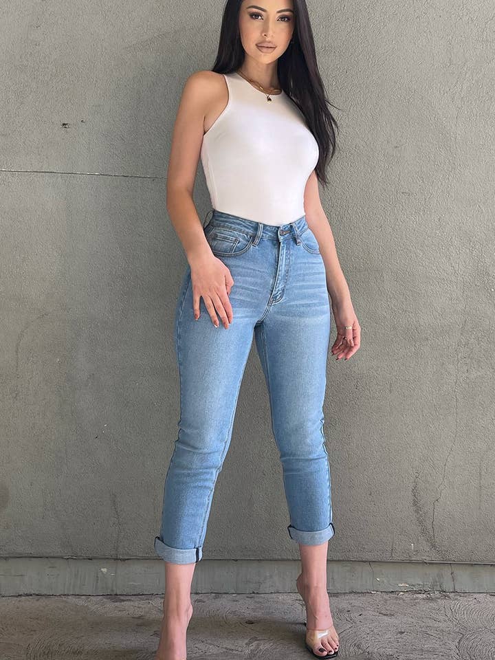 DG7033MM - Medium Washed Mom Jeans with Rolled Up for wholesale by TOP TIER