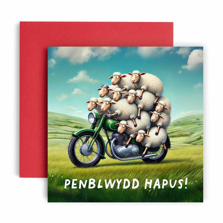 Penblwydd Hapus Motorbike Sheep Funny Birthday Welsh Card for wholesale by Huxters