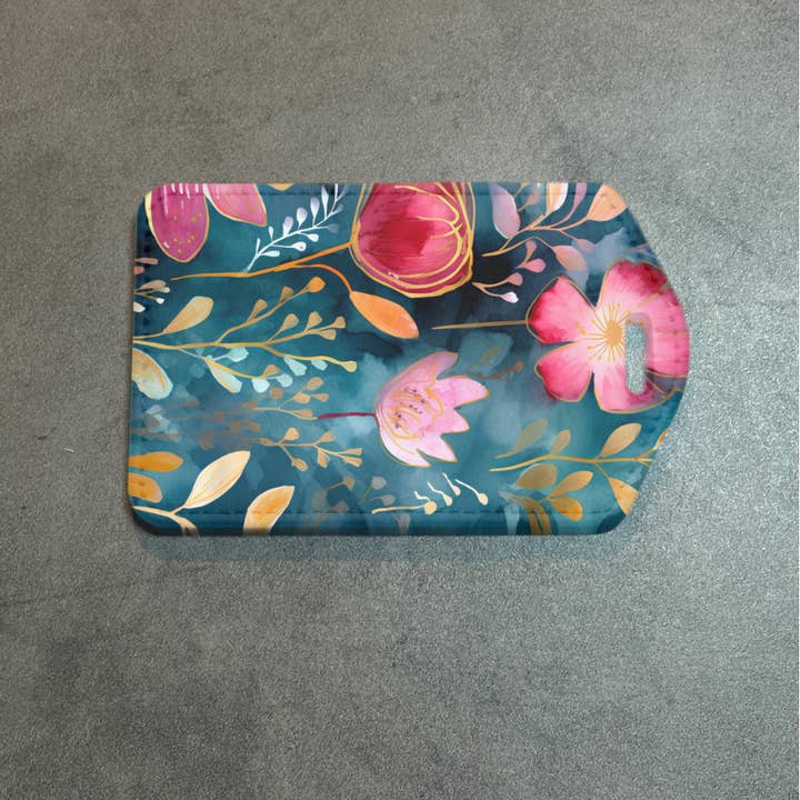 Teal and Pink Floral Rectangle luggage tag w/steel cable ring for wholesale by Allison Kay Designs Co.