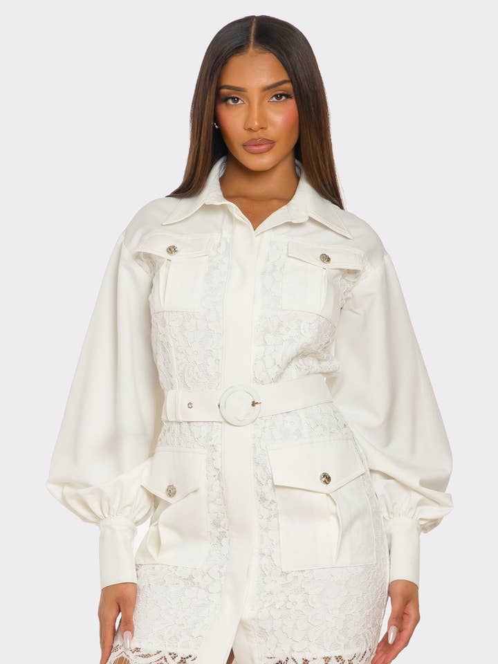 White Lace-Detail Utility Mini Dress for wholesale by Athina Collection