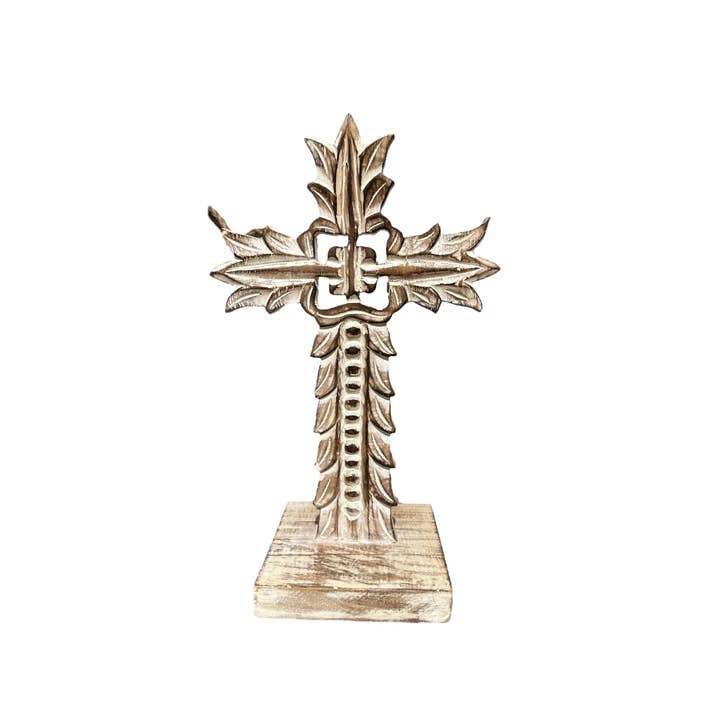 11.75" x 5" Leaf Tabletop Wood Cross for wholesale by Tremont Floral Supplies