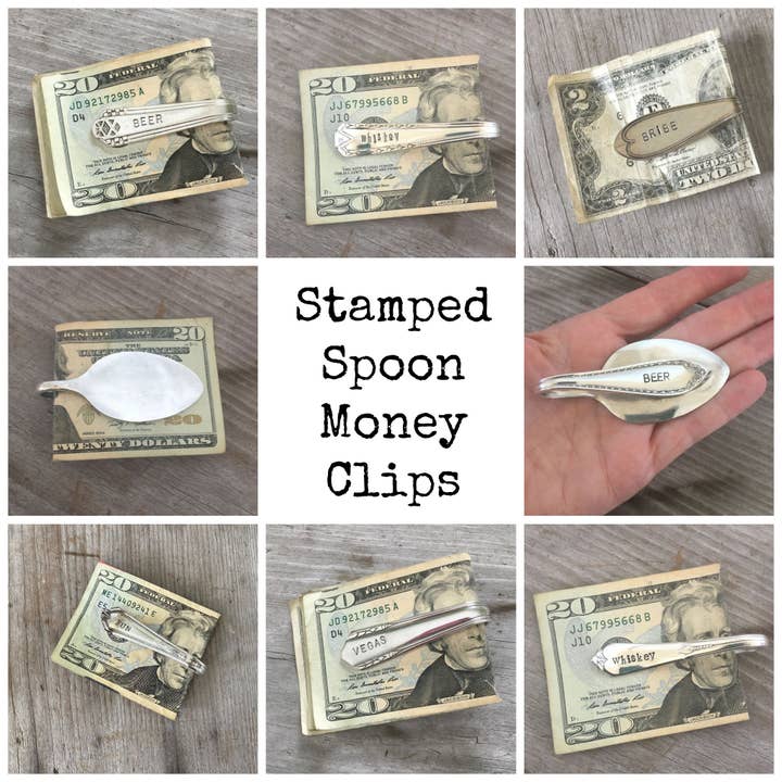 Lot Of 8 Stamped Spoon Money Clips for wholesale by Laughing Frog Studio