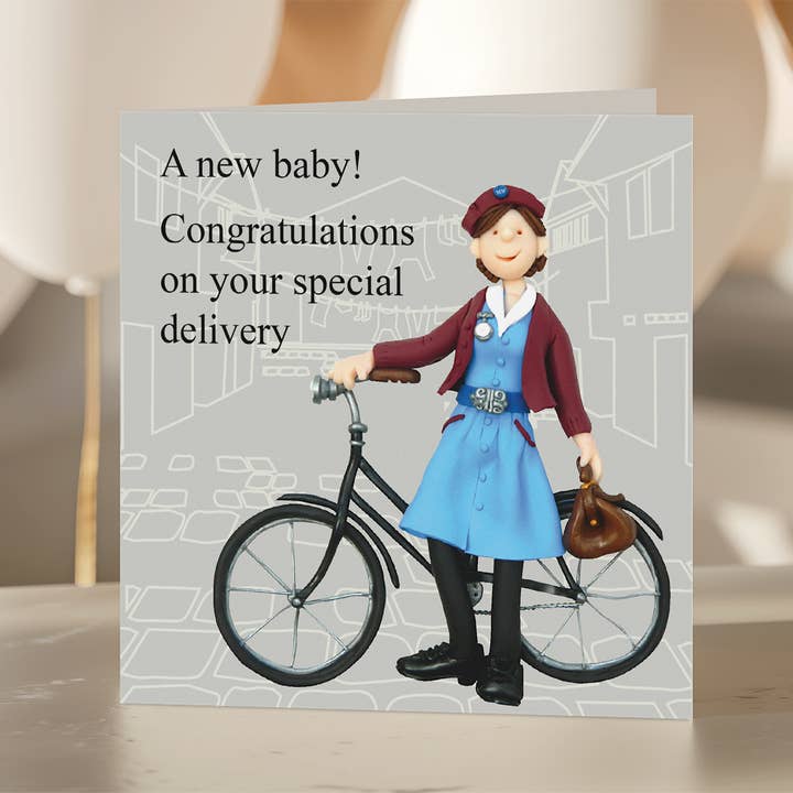 Midwife new baby card by Erica Sturla for wholesale by Inky Blue Ltd t/a Holy Mackerel