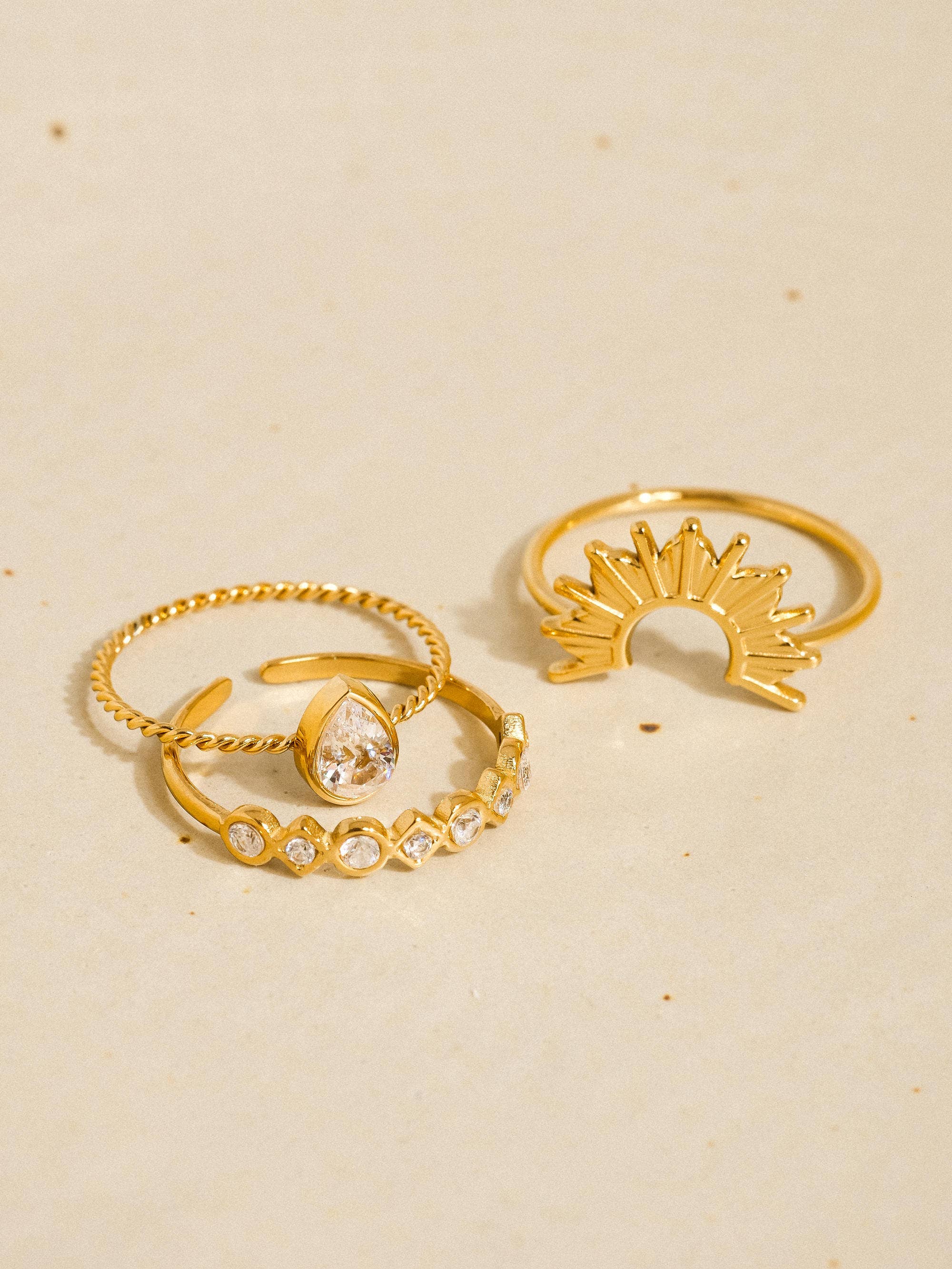 Françoise 18K Gold Non-Tarnish Sun Stone CZ Layered Ring for wholesale on Faire2